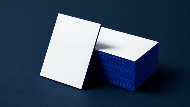 Stack of blank white business cards with deep blue edges leaning on a dark blue background. Corporate identity mockup, professional stationery branding concept with copy space