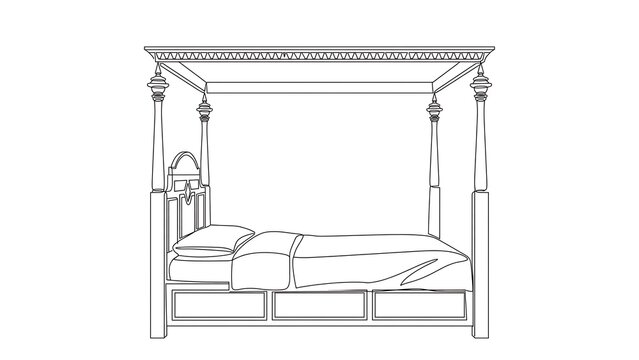 Elegant four poster bed illustration white background.