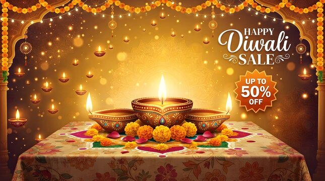 Happy diwali sale banner with traditional oil lamps diyas and marigold flowers on a festive background with decorative lights