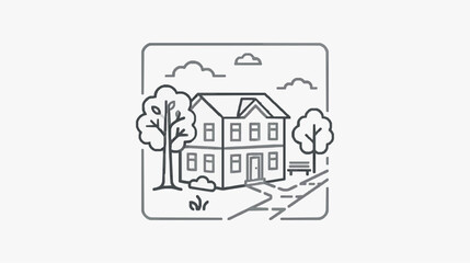 Fototapeta premium Minimalist Line Drawing of Residential House with Trees and Bench in Park Setting
