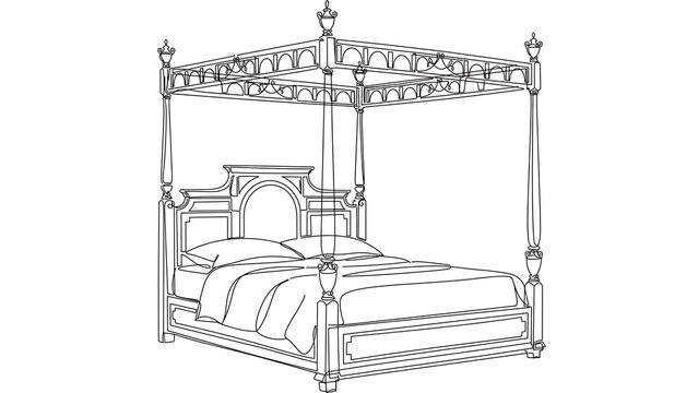 Elegant four poster bed illustration white background.