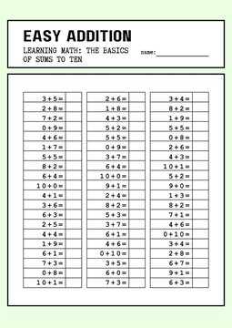 Easy addition math worksheet for kids learning basic sums up to ten. Printable educational activity page for kindergarten, preschool, and primary school students.