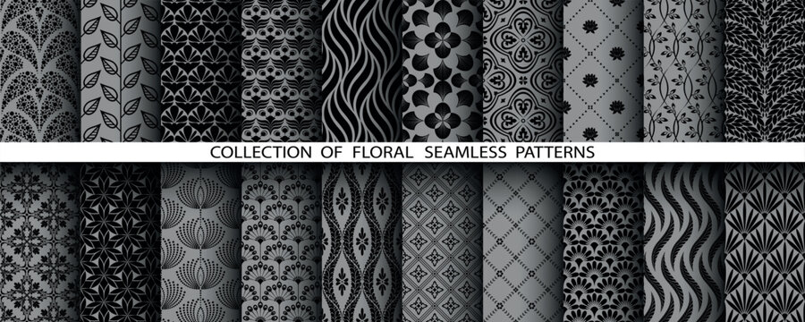 Geometric floral set of seamless patterns. Gray and black vector backgrounds. Damask graphic ornaments