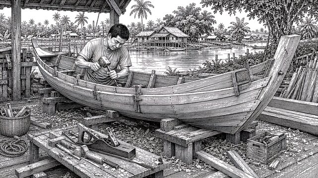 Thai Boat Builder Crafting Traditional Wooden Boat by River