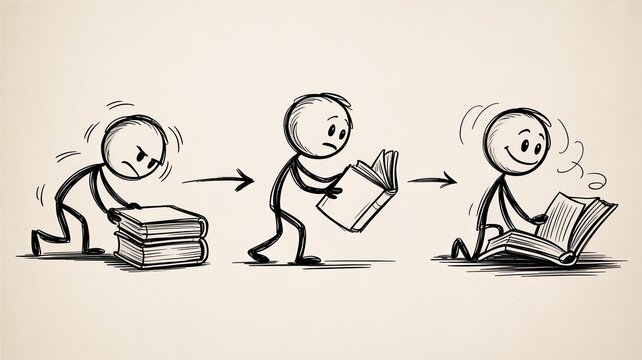 Stick figure progression showing the process of studying and reading books for knowledge.