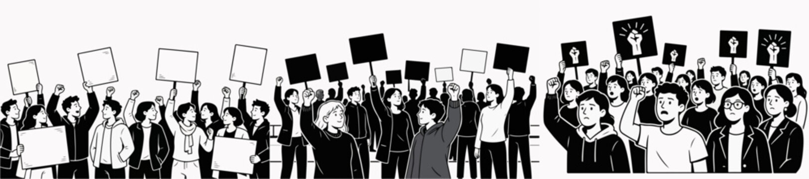 Black and white vector illustration of a protesting crowd with people holding signs and raising fists in the air symbolizing social unrest and activism white background