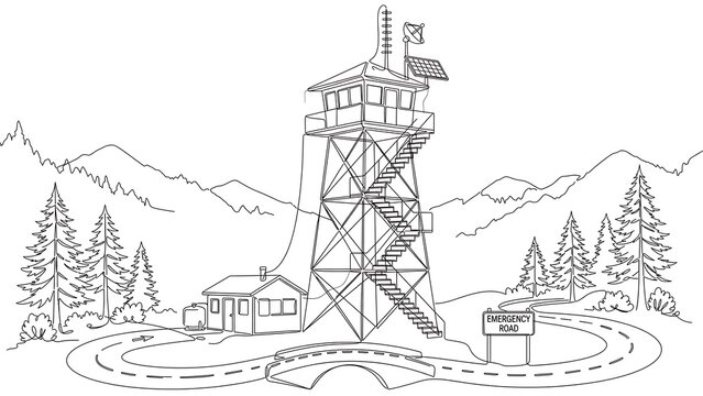 Forest fire lookout tower illustration white background.