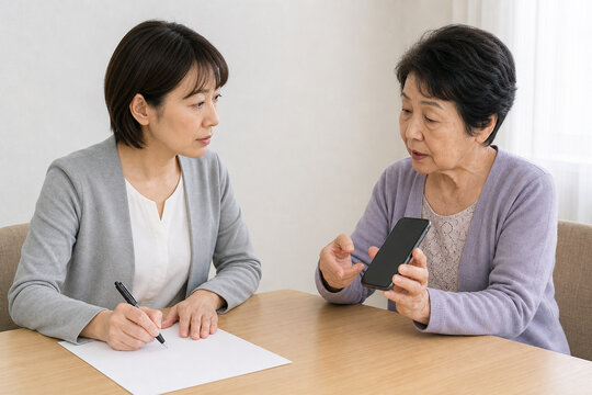 自治体の相談室で高齢女性のスマホ相談に応じる日本人女性相談員