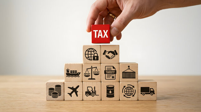 Hand placing tax block atop international trade