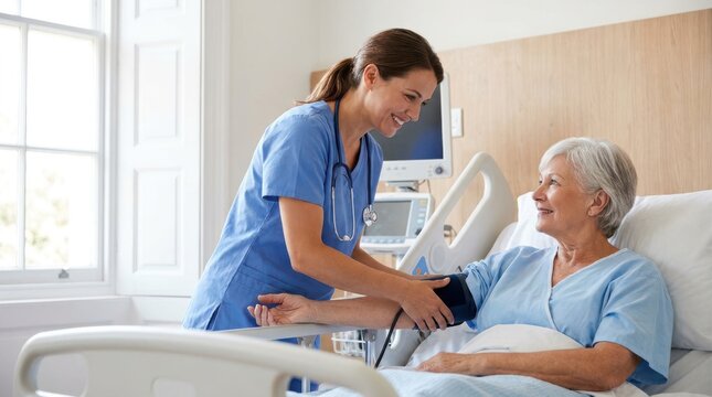 Smiling female nurse taking blood pressure of elderly woman in hospital bed providing supportive medical care work.