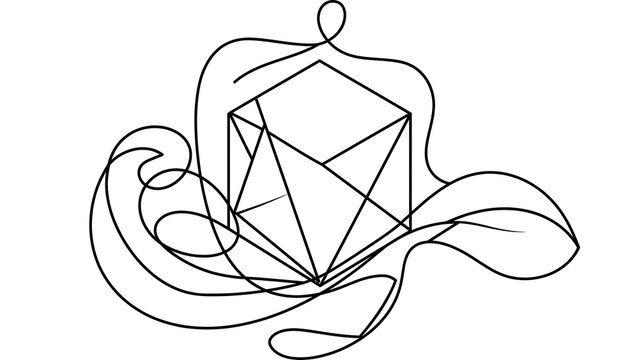 Geometric wireframe cube with flowing lines white background.