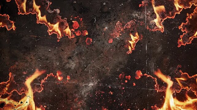 Looping texture dark grunge overlay low framerate stop motion concept. Abstract fiery background with glowing flames and sparks on dark textured surface for intense design