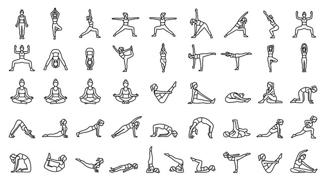 Yoga and Pilates Pose Editable Line Icon Set Featuring Woman Stretching, Balance, Meditation, Flexibility, Fitness, and Wellness Exercise Positions