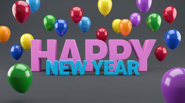 Vibrant balloons float around large 3D 'HAPPY NEW YEAR' text on dark background for parties.