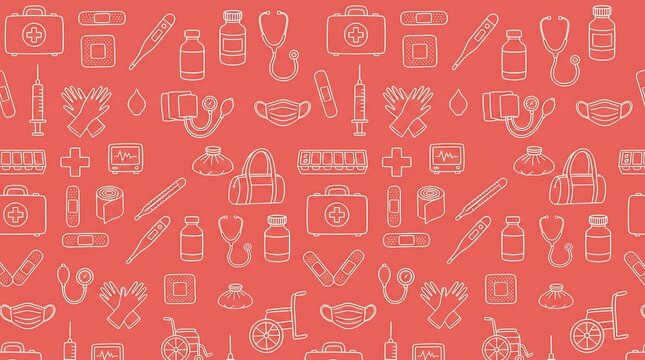 A seamless pattern of various white outline medical and healthcare icons on a coral red background, depicting essential hospital and first aid equipment.