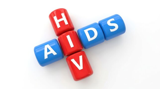 White surface with red and blue three dimensional blocks forming acronyms HIV and AIDS.