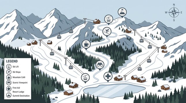Detailed illustrated map of a winter ski resort with slopes, lifts, lodges, and a legend for various facilities and destinations.