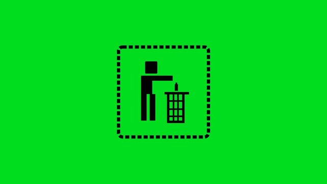 Minimalist black icon of a person disposing waste into a bin on green screen