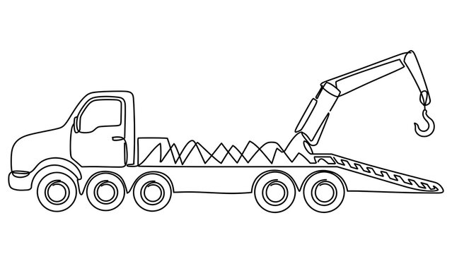 Flatbed tow truck with crane white background.