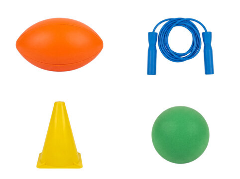 Diverse sports and play equipment: football, jump rope, training cone, and soft ball.