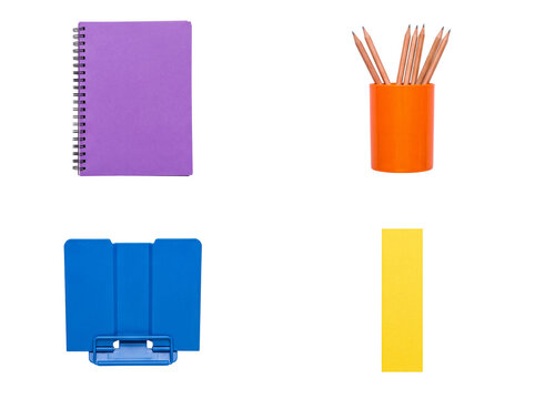 Assorted school and office supplies: purple spiral notebook, orange pencil holder, blue book stand.