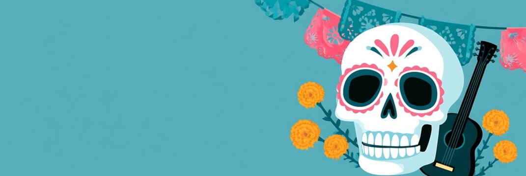 Dia de los Muertos background with sugar skull, guitar and marigold flowers
