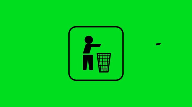 Minimalist black icon showing a person throwing trash into a waste bin