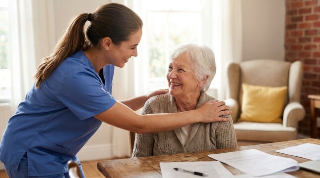Young female caregiver in blue scrubs comforting smiling senior woman at table during home healthcare visit.