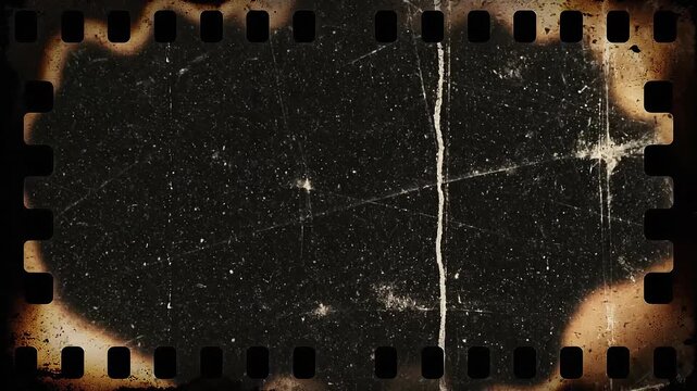 Looping texture dark grunge overlay low framerate stop motion concept. Vintage old damaged black film strip with scratches and burnt edges background