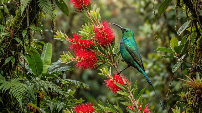 Green sunbird feeding on red flowers in a garden
