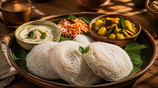 Authentic Sri Lankan string hopper breakfast with kiri hodi coconut curry, sambol and vegetable curry served on traditional plate for cultural food marketing