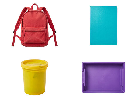 Assortment of school and play items: a red backpack, teal notebook, yellow tub, and purple tray.