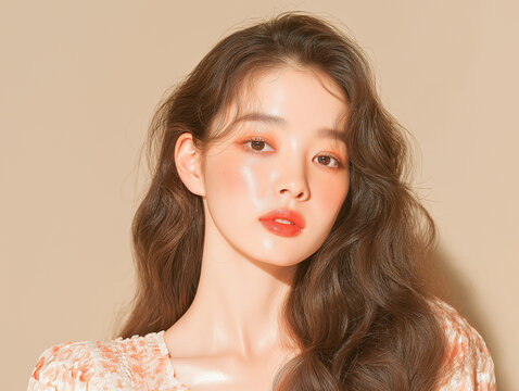 美容, 女性, 若い女性, スキンケア, 化粧品, ビューティー, 美肌, ポートレート, クローズアップ, メイク, ナチュラルメイク, ツヤ肌, 透明感, モデル, アジア人, 美容広告, コスメ広告, 美容液, 保湿, フェイスケア, 肌ケア, リップメイク, アイメイク, チーク, ブラウンヘア, ロングヘア, ウェーブヘア, ヘアケア, ヘアスタイル, 美容室, ヘアサロン, ファッショ