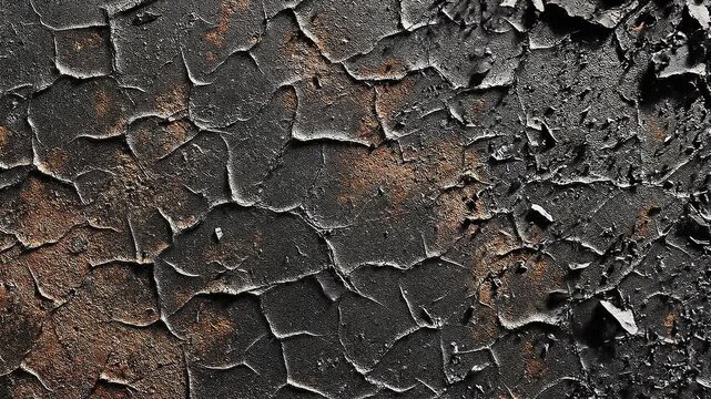 Looping texture dark grunge overlay low framerate stop motion concept. Close up of cracked and peeling dark paint texture with rust and weathered surface details