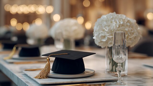 Elegant graduation dinner table setting with black mortarboard caps, white hydrangeas and luxury dinnerware on marble.