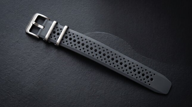 Perforated gray silicone smartwatch replacement strap on dark textured surface, breathable rubber sports watchband accessory with metal buckle