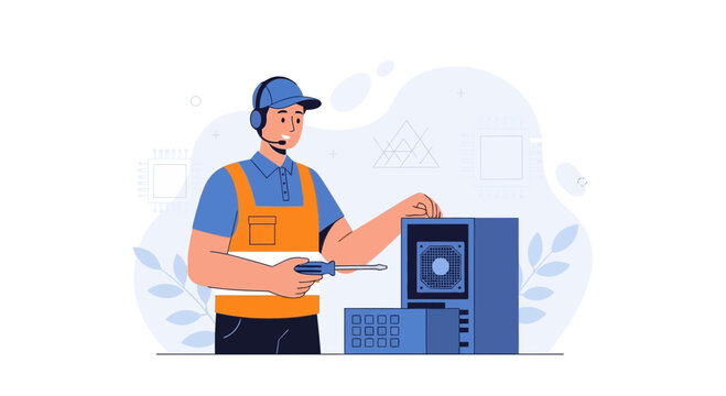 Computer technician with headset fixing desktop PC with screwdriver, vector illustration for tech support and IT services