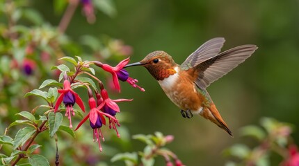 Naklejka premium Hummingbird feeding on purple fuchsia flowers