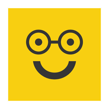 Happy smiley face icon with glasses on yellow background, cheerful emoticon symbol for web design