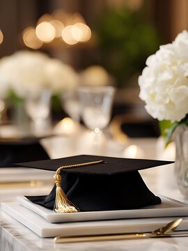 Elegant graduation dinner table setting with black mortarboard caps, white hydrangeas and luxury dinnerware on marble.