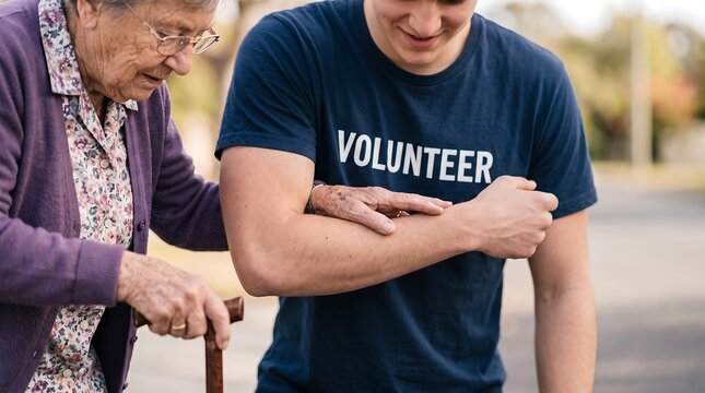 A young male volunteer assists an elderly woman with a cane, showing care and support.