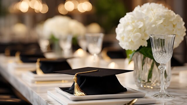 Elegant graduation dinner table setting with black mortarboard caps, white hydrangeas and luxury dinnerware on marble.