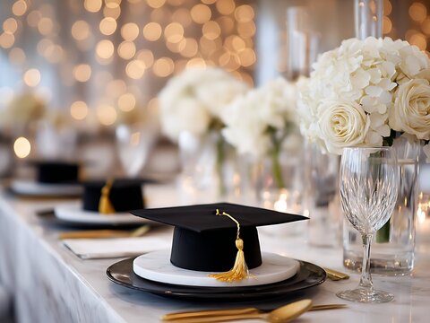 Elegant graduation dinner table setting with black mortarboard caps, white hydrangeas and luxury dinnerware on marble.