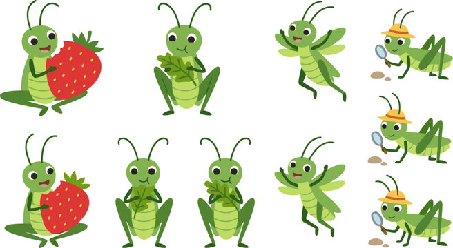 Cute Grasshopper Cartoon Character Vector Collection Eating Strawberry and Exploring Nature with Magnifying Glass for Kids Biology Education Designs