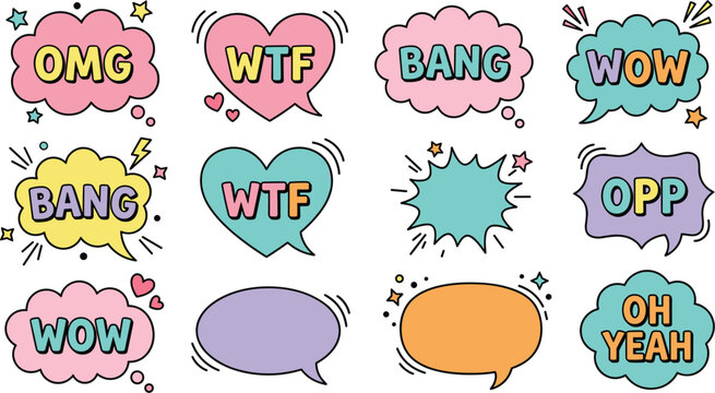 Comic Speech Bubbles and Pop Art Chat Vector Icon Set with Expressions Like OMG WTF WOW for Cartoon Designs and Social Media Stickers