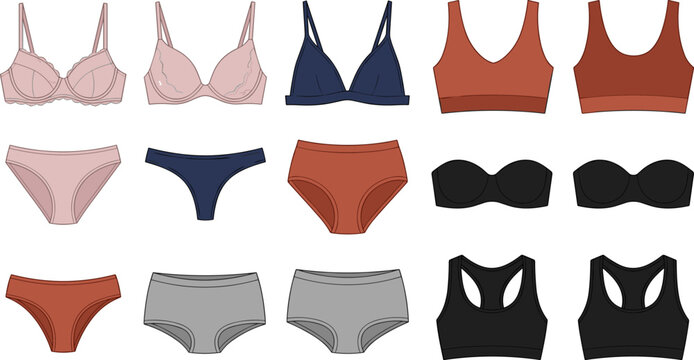 Women Underwear and Lingerie Vector Collection Featuring Elegant Bras Sports Bralettes Strapless Tops and Diverse Panties Style Graphic Designs