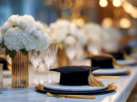 Elegant graduation dinner table setting with black mortarboard caps, white hydrangeas and luxury dinnerware on marble.
