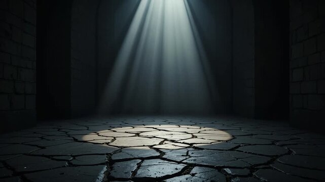 Dark Dungeon Chamber: Spotlight on Cracked Stone Floor, Mysterious Light Beams