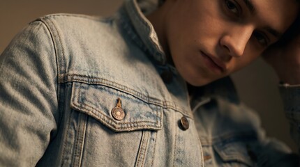 Obraz premium denim jacket worn by young man leaning close in soft warm light portrait