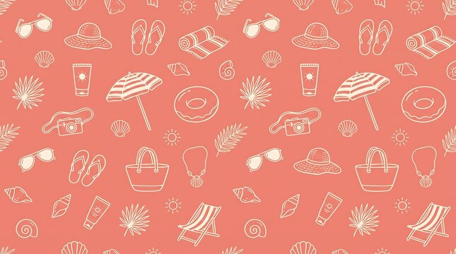 A charming coral-colored background pattern featuring a delightful assortment of summer beach vacation icons in a whimsical doodle style.
